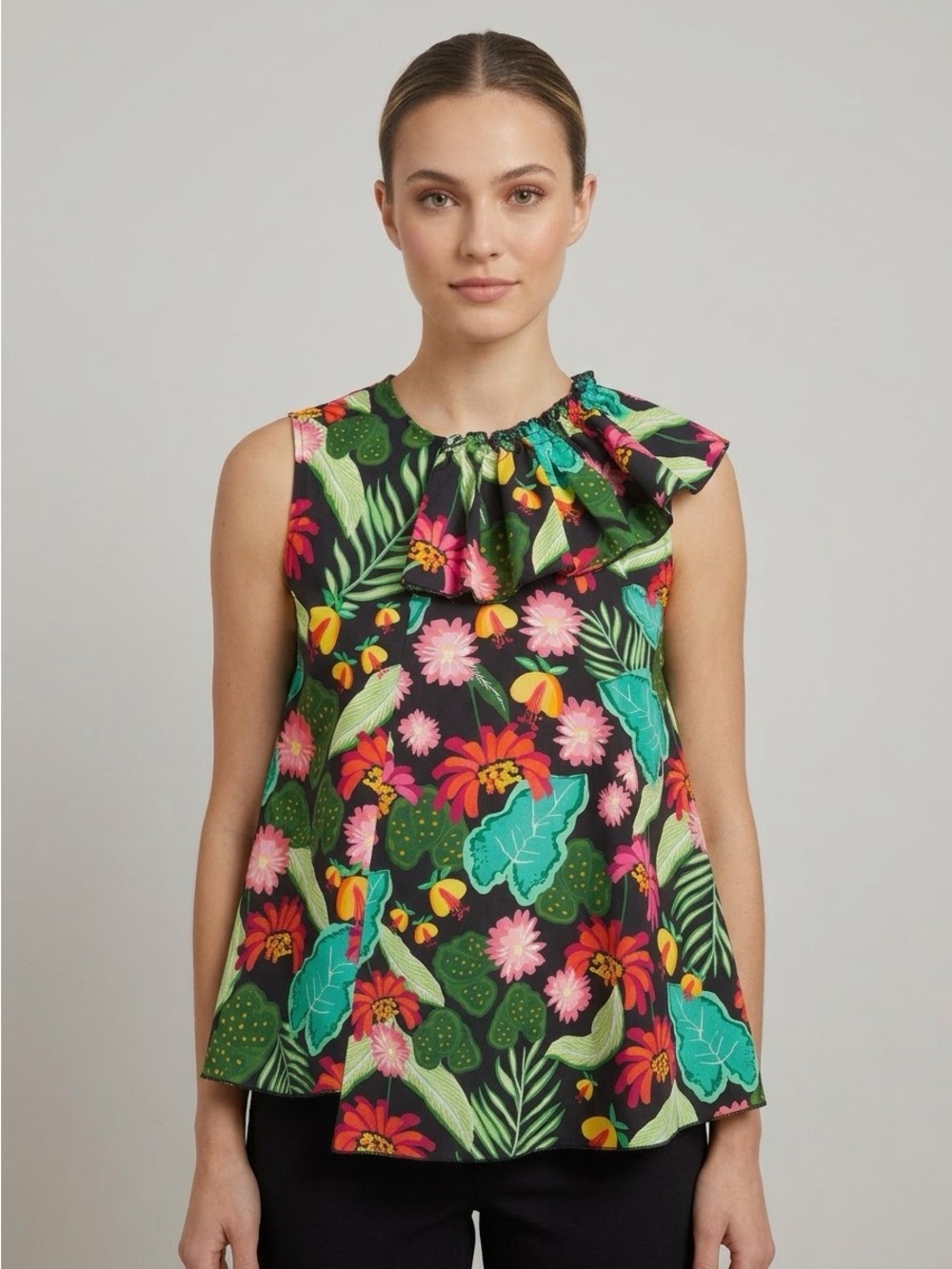 Chepe Italy Black Tropical Print Ruffle Collar Asymmetric Sleeveless Top - Large